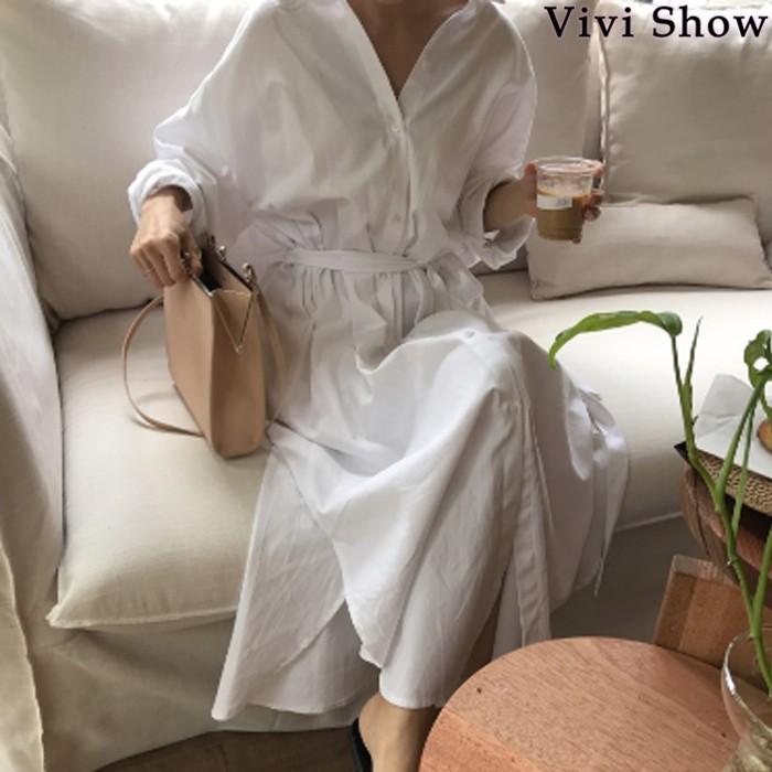 ワンピース レディース マキシワンピース 夏 長袖 vネック シャツ