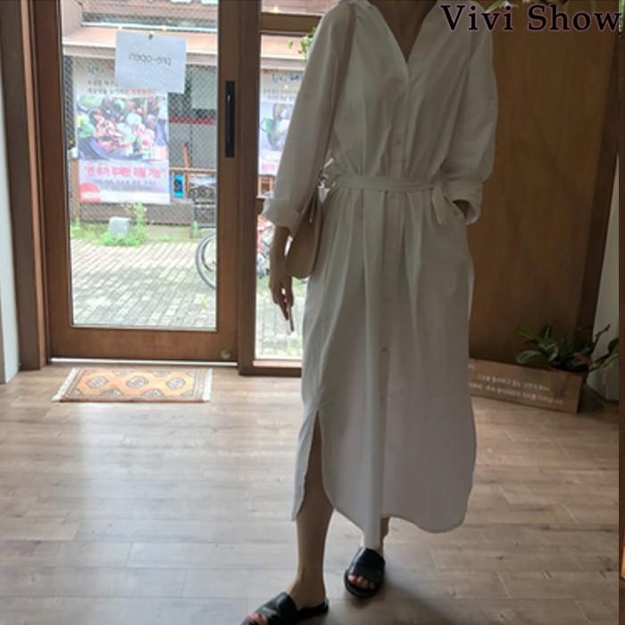 ワンピース レディース マキシワンピース 夏 長袖 vネック シャツ