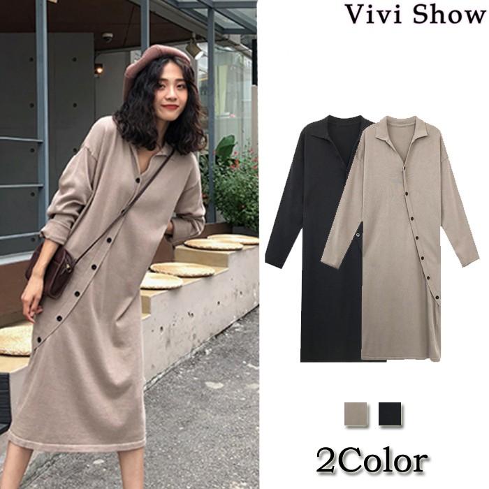 アシンメトリーVネックロングワンピース 夏物売り尽くしセールカットソー ワンピース 長袖 コットン
