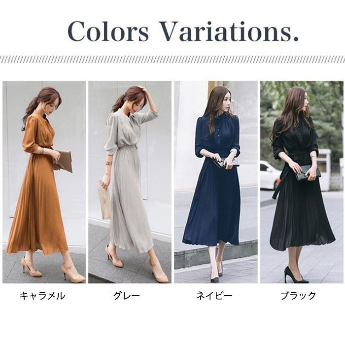 プリーツワンピース レディース 夏 春 ロングワンピース ワンピース ロング丈 着痩せ リボン ウエスト紐 長袖 送料無料 無地 ミディアム丈 フリルワンピース Aライン フェミニン フォーマル お洒落 シンプル カジュアル ワンピース ロング丈 シャツワンピ ウエストリボン スタンドカラー