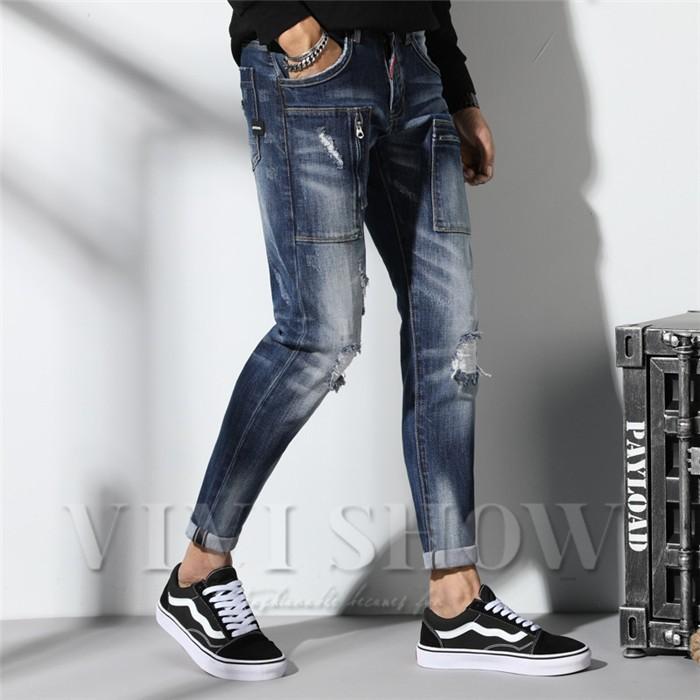 ダメージジーンズ クラッシュ メンズ 春夏 デニム スキニー パンツ