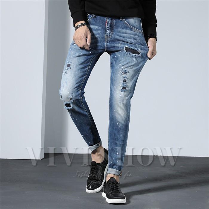 スリムパンツダメージジーンズ メンズ 春夏 デニム スキニー パンツ