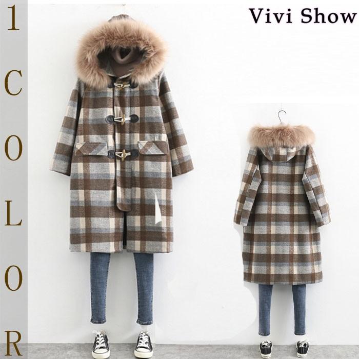 ダッフルコートレディース 秋冬コート ロングコート チェック柄 ファーフード付き カジュアル ゆったり 体型カバー 防寒 防風 Bse459 Vivishow 通販 Yahoo ショッピング