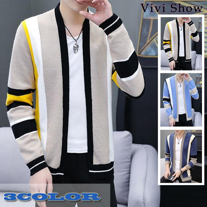 メンズニットカーディガン セーター 紳士用 ボーダー 長袖 カジュアル