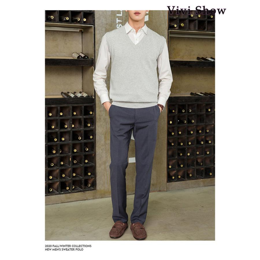 メンズVネック ニットベスト セーター 紳士用 ノースリーブ 無地