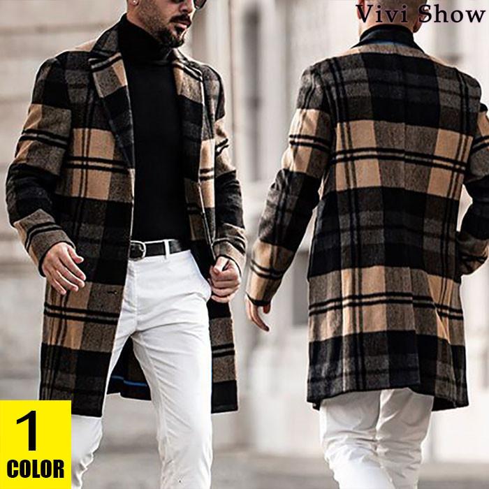 メンズ チェック柄 ロングコート ウール アウター 上着 ファッション