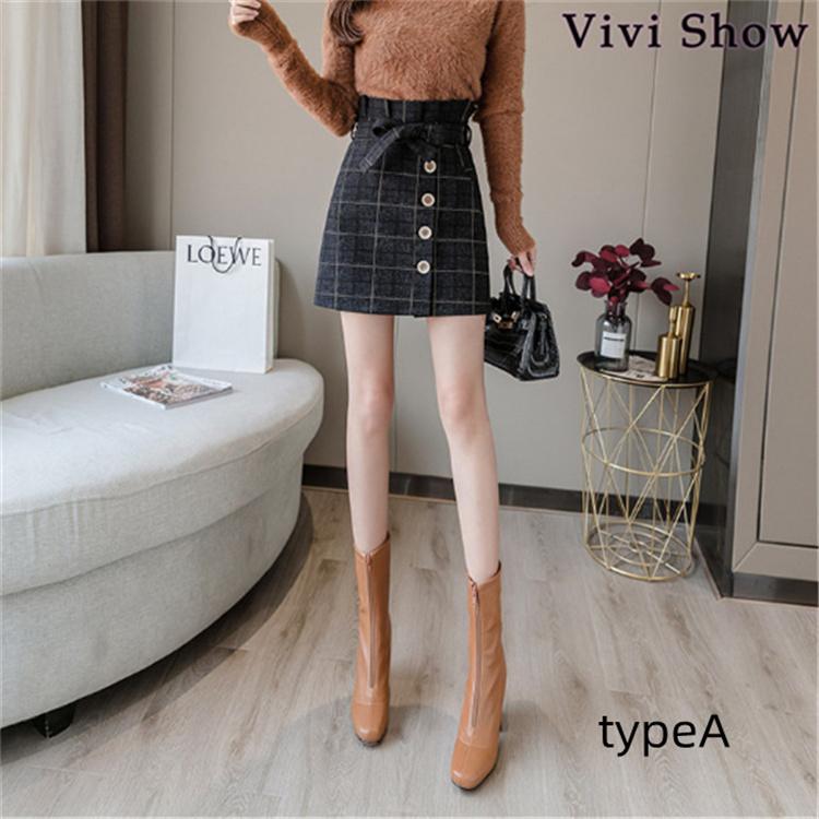 スカート チェック柄 ハイウエストベルト付き カジュアル レディース