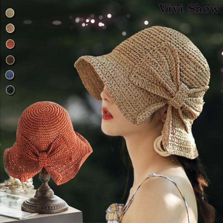 帽子 レディース UV 夏用 大きいサイズ つば広 サイドリボンQueen