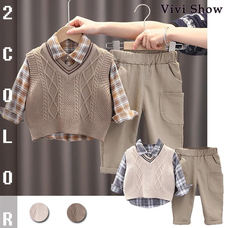子供服 セットアップ 夏 男の子 3点セット ニット＋シャツ＋ボトムス