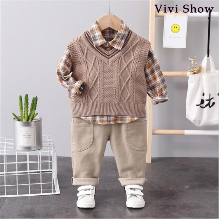 子供服 セットアップ 夏 男の子 3点セット ニット＋シャツ＋ボトムス