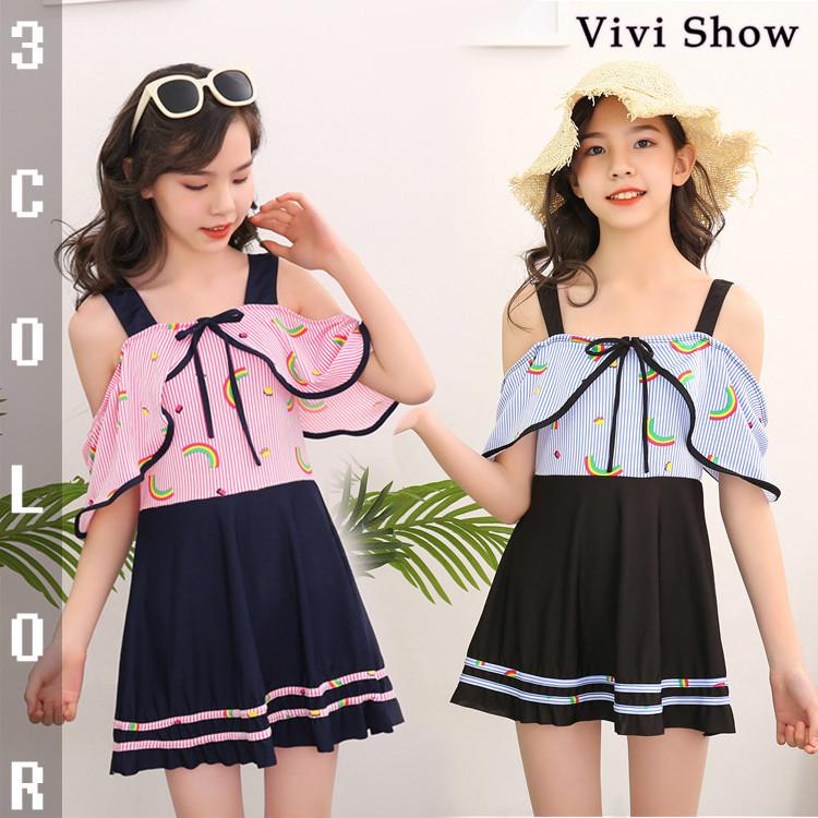 新作 水着 女の子 キッズ ２点セット 韓国ファション ドレス かわいい 夏物 スイムウェア 半袖 サロペット 海 フリル 人気vivishow 21新作モデル