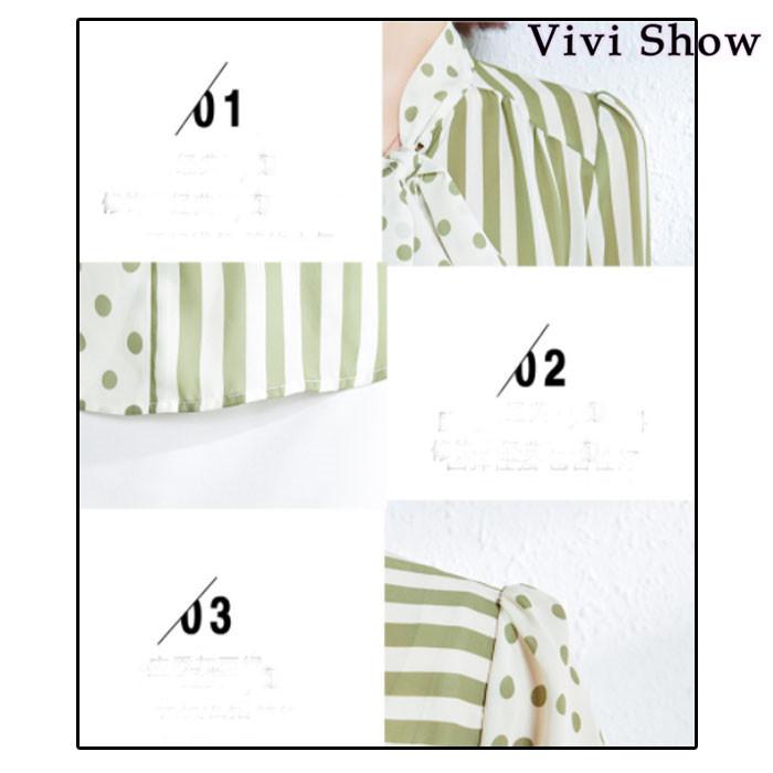 レディース リボンタイ 長袖 シャツ ブラウス ドット柄 ストライプ柄