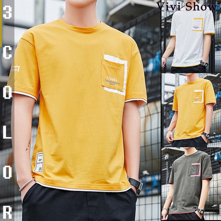 Tシャツ メンズ 胸ポケット クールネック アメカジ 英文字 おしゃれ