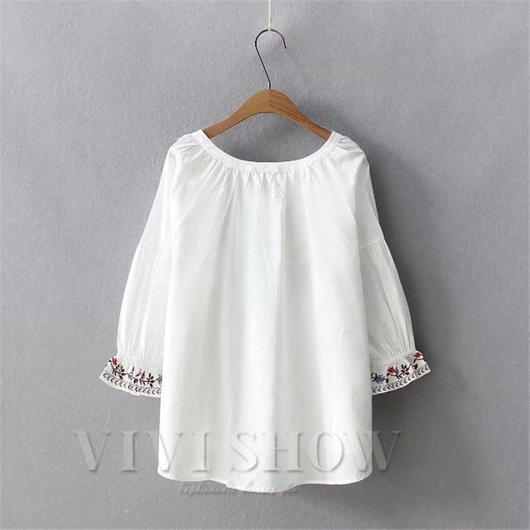 レディース ブラウス 七分袖 シャツ 花柄刺繍 Tシャツ 綿 チュニック