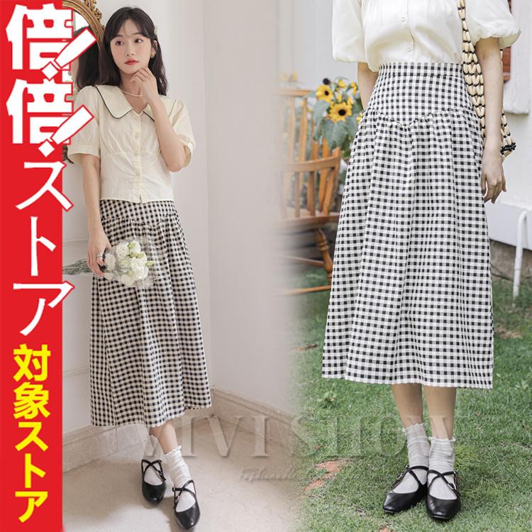 レディース ボトムス フレアスカート ロングスカート ギンガムチェック柄 格子チェック 控えめフレア ウエストゴム 大人可愛い 大人カジュアル Eju057 Vivishow 通販 Yahoo ショッピング