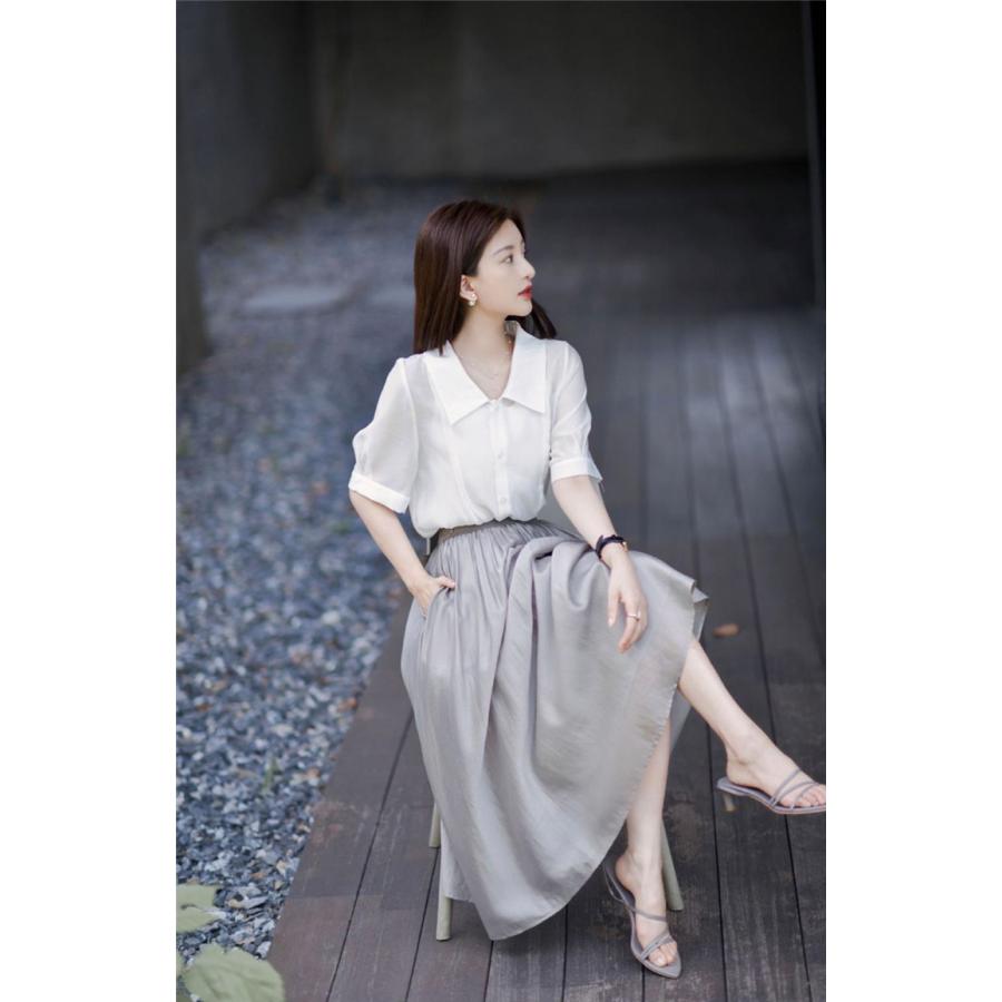 セットアップ レディース 春夏 シフォン 通勤 半袖 ブラウス 襟付き