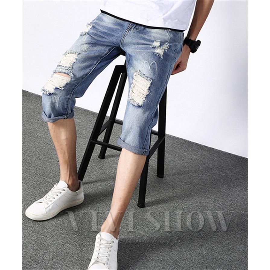 デニムパンツ メンズ 7分丈 ダメージスキニー ハーフハーフ デニムパンツ メンズ 7分丈 ダメージスキニー ハーフハーフ