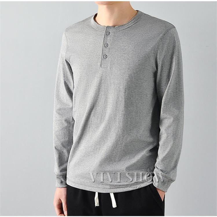 ロンT メンズ Tシャツ 長袖 ヘンリーネック ロングTシャツ 無地 クルー