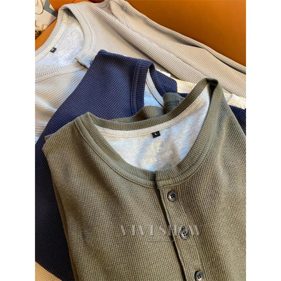 ロンT メンズ Tシャツ 長袖 ヘンリーネック ワッフル素材 ロングT