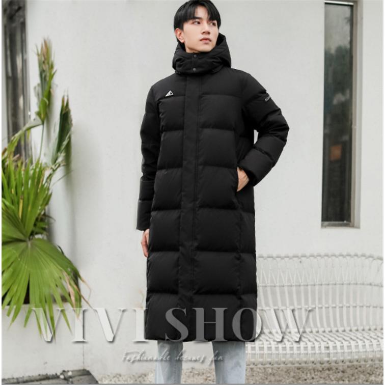 ブラックダウンジャケット ロング丈 フード付き レディース メンズ ダウンジャケット アウター ロング丈 フード 暖かい