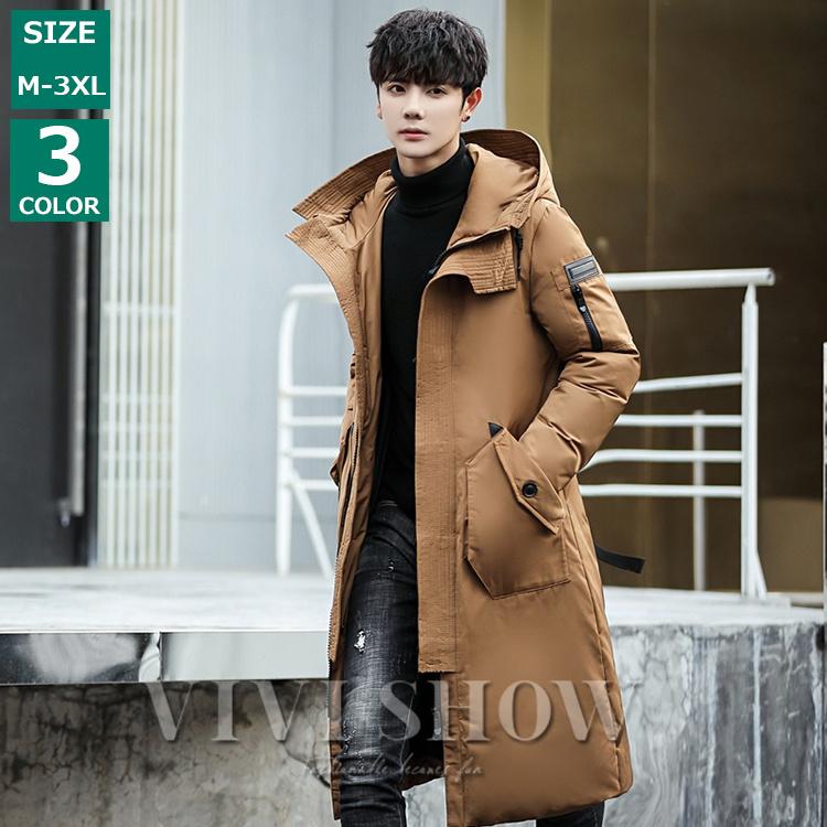 メンズ ジャケット ダウン アウター フード 暖かい 長め丈 シンプル