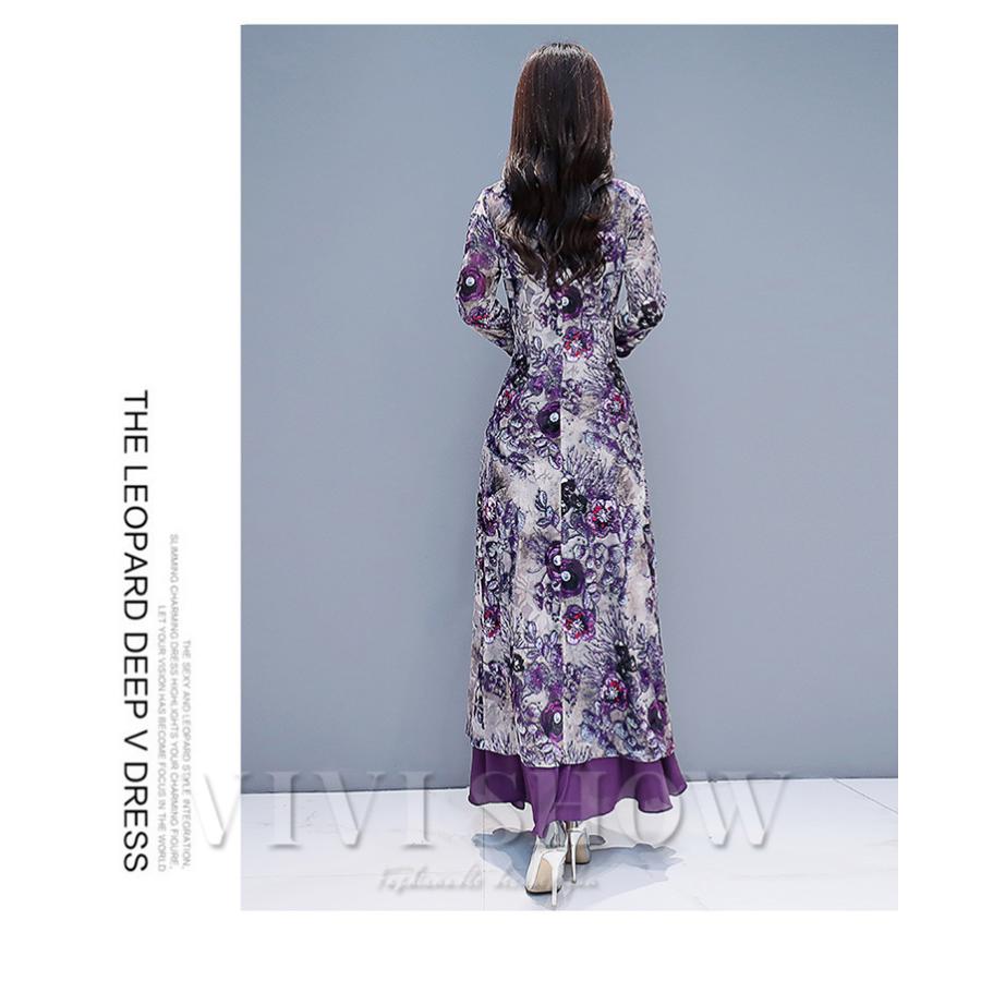 チャイナドレス ベトナム アオザイ ロング 花柄 長袖 ワンピース チャイナドレス ベトナム アオザイ ロング 花柄 長袖 ワンピース