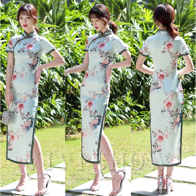 チャイナドレス ベトナム アオザイ ロング 花柄 半袖 ワンピース チャイナドレス ベトナム アオザイ ロング 花柄 半袖 ワンピース
