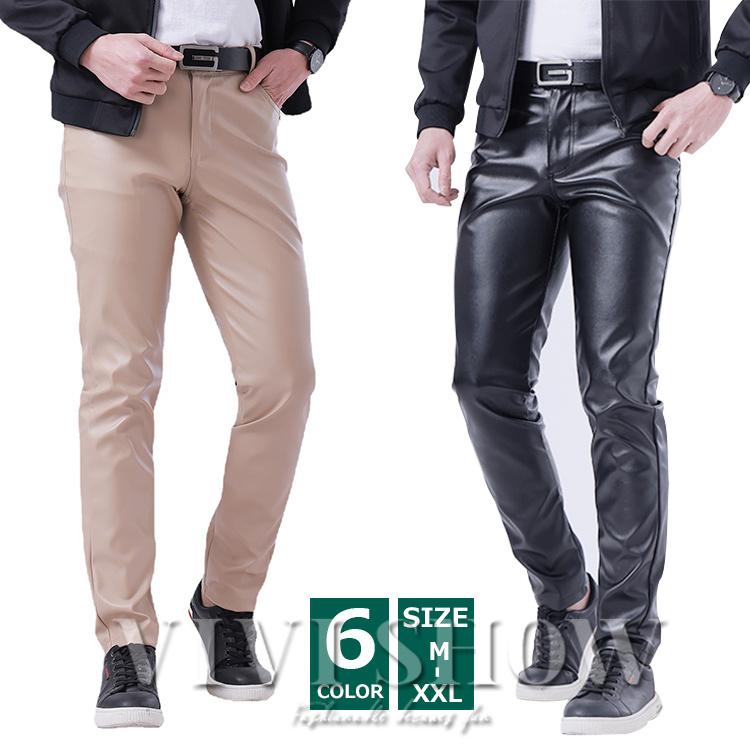 革パンツ メンズ レザーパンツ 革パン ストレッチ 裏微起毛 フェイク