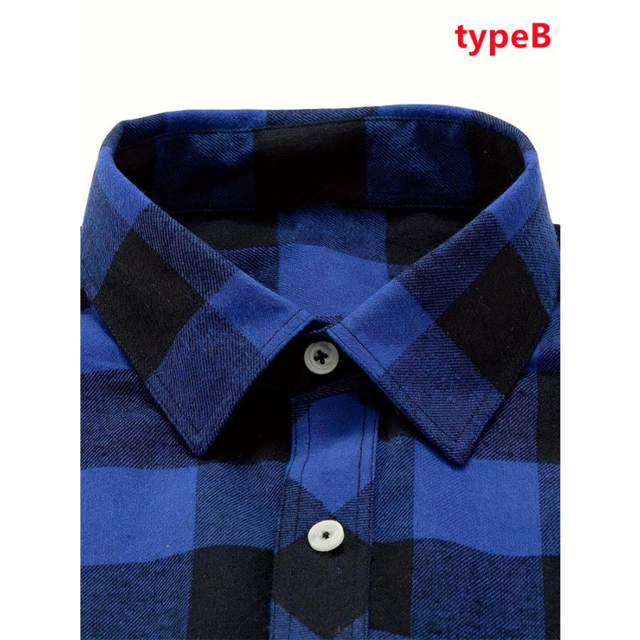 メンズ 長袖シャツ ブルー チェック柄 紳士服 黒シャツ 長袖 メンズ