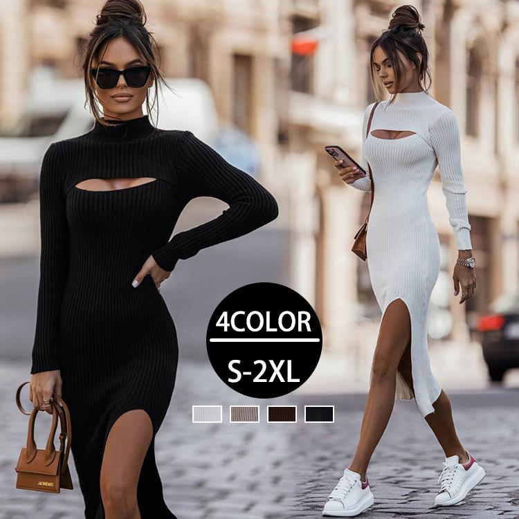 レディース 長袖 ワンピース ワンピ カットアウト ハイネック 膝丈