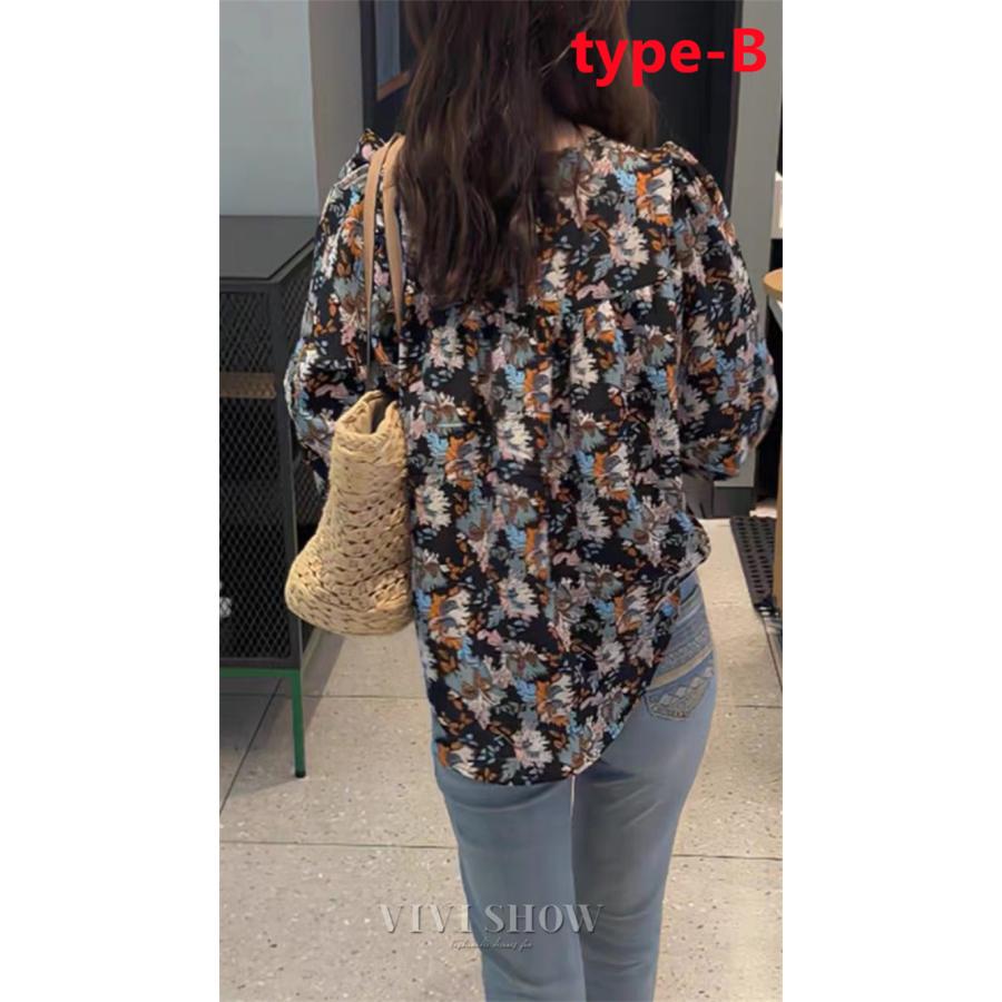 ブラウス レディース きれいめ 長袖ブラウス 花柄シャツ Vネック