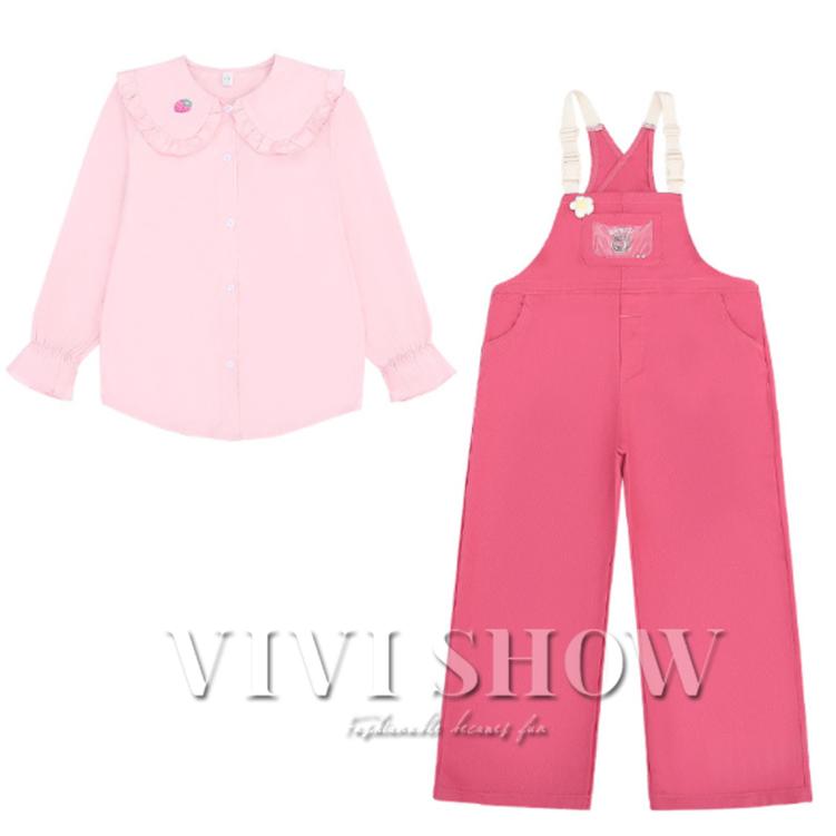 ピンクジャケットとオーバーオールセット Lサイズ セットアップ オールインワン シャツ 女の子 キッズ オーバーオール