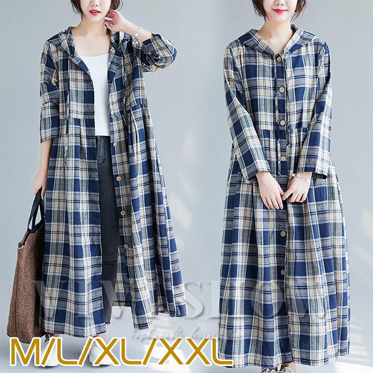 チェック柄 シャツワンピース フード付き オーバーサイズ フード