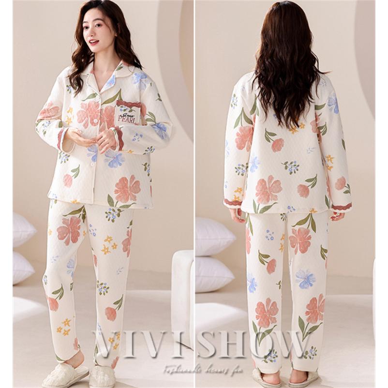 ルームウェア パジャマ レディース 前開き 上下セット 長袖 ロング