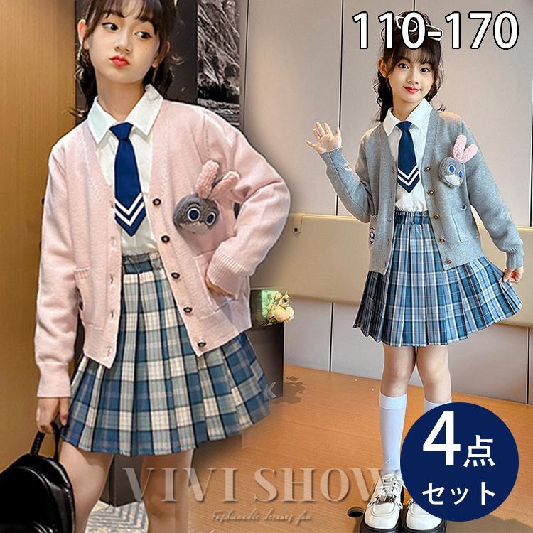 上下セット チェック柄 スカート ネクタイ カーディガン キッズ 制服風  