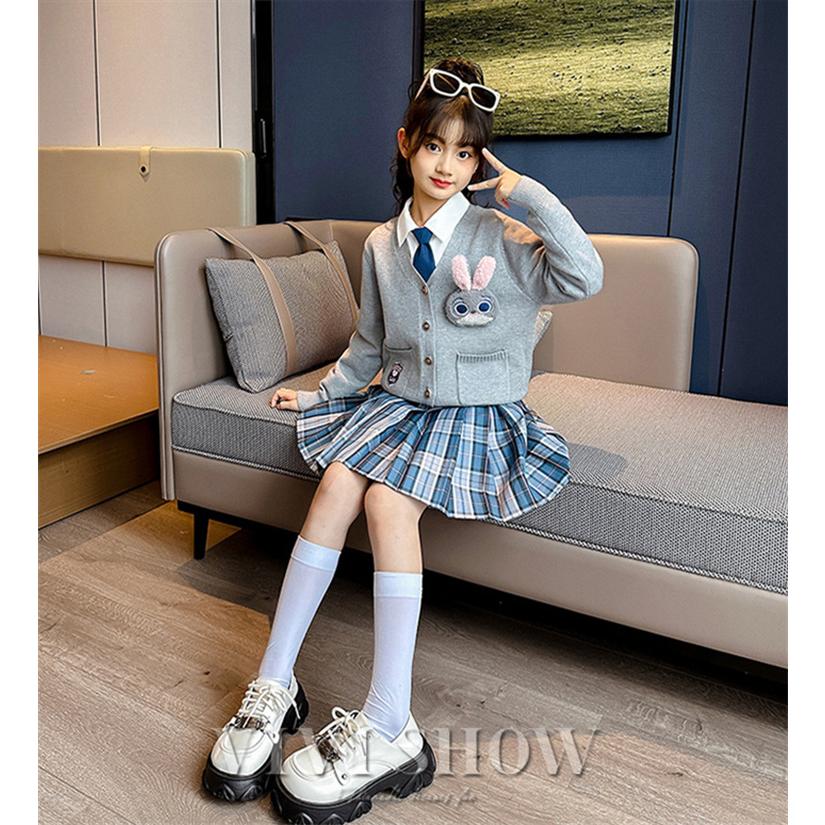 上下セット チェック柄 スカート ネクタイ カーディガン キッズ 制服風  