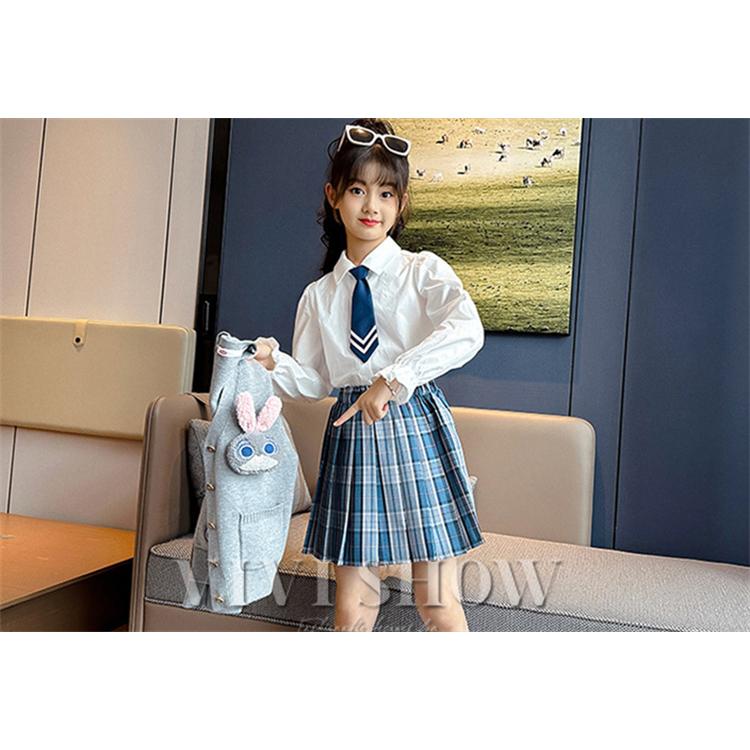 上下セット チェック柄 スカート ネクタイ カーディガン キッズ 制服風  