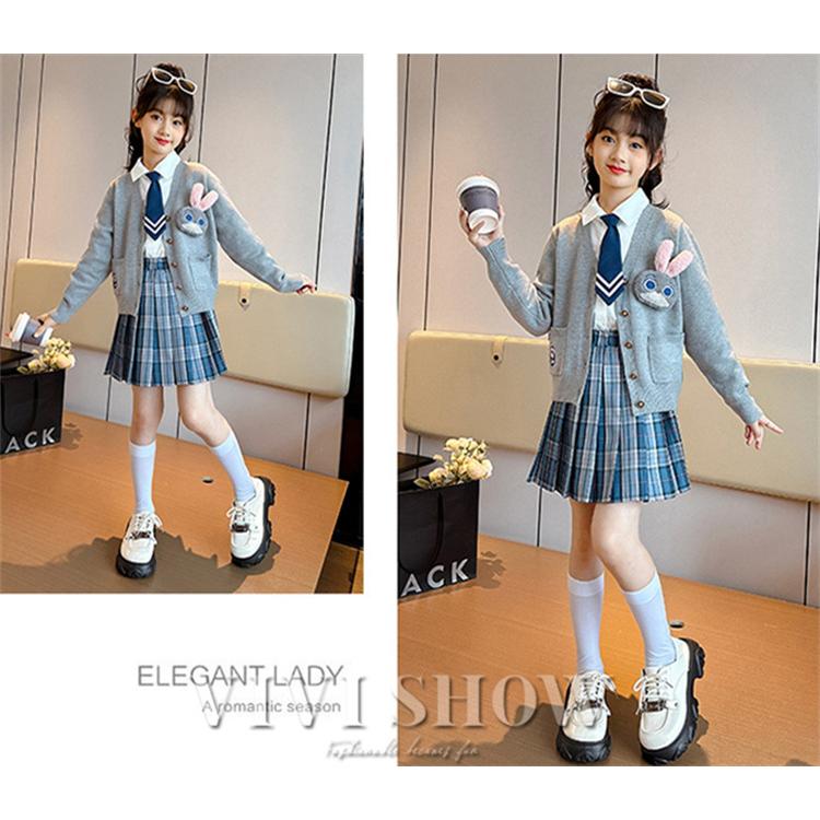 上下セット チェック柄 スカート ネクタイ カーディガン キッズ 制服風  