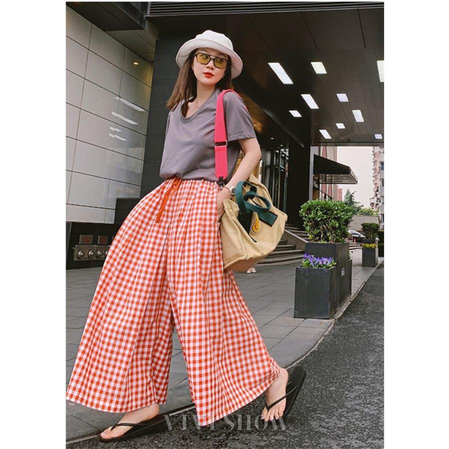 レディース ワイドパンツ チェック柄 ガウチョパンツ スカーチョ