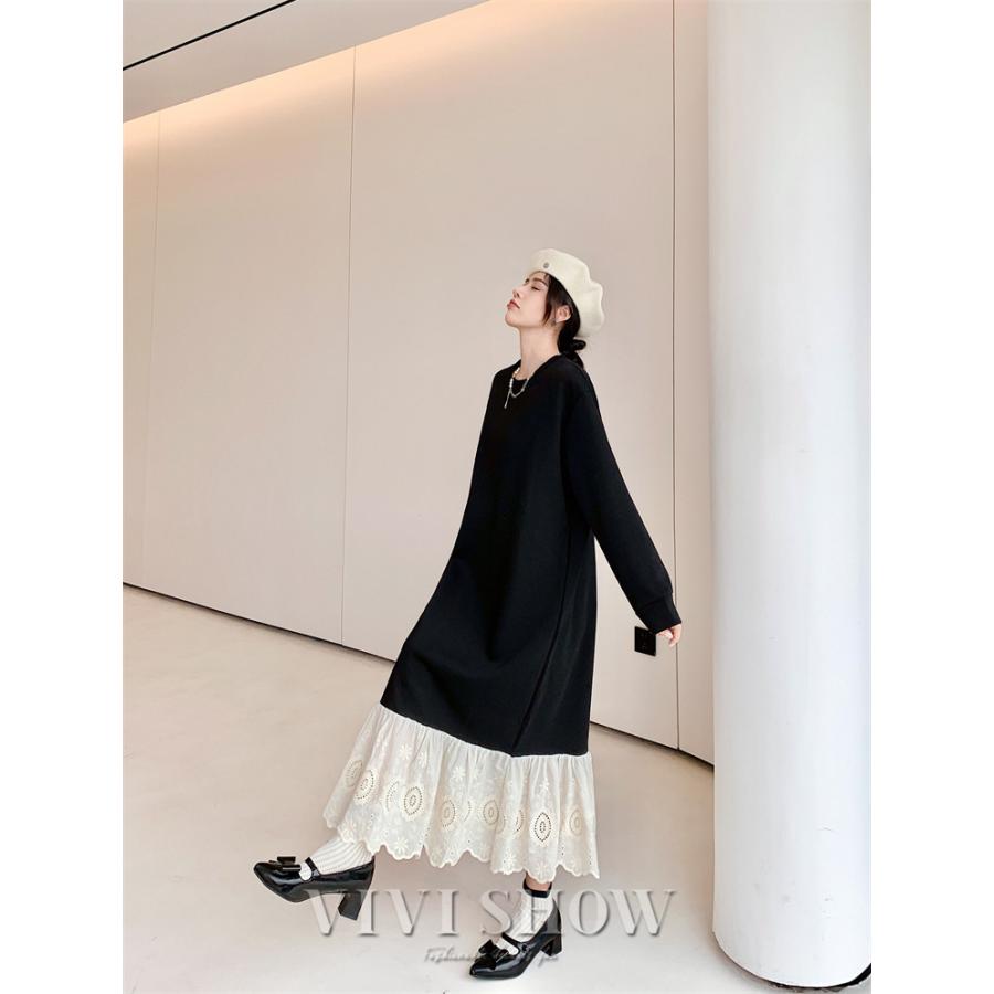 ワンピース レディース 裾レース ロングワンピース 長袖 体型カバー