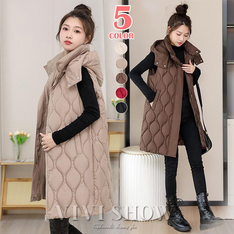 ダウンベスト レディース 中綿ベスト フード付き ロング丈 軽量