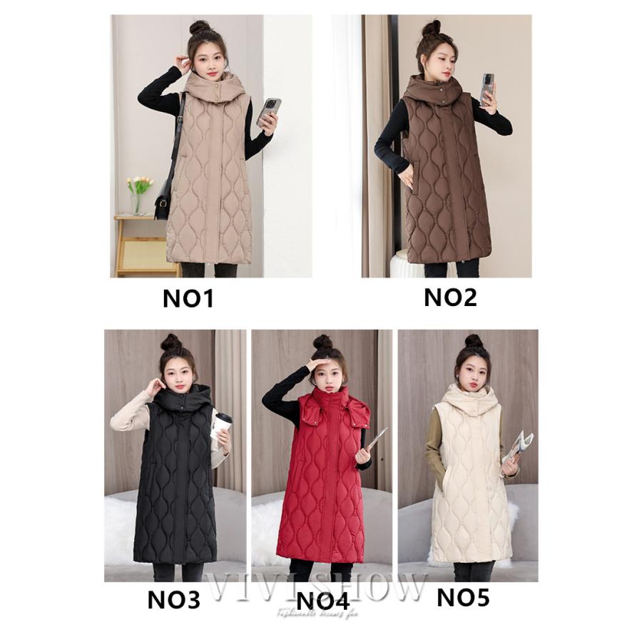 ダウンベスト レディース 中綿ベスト フード付き ロング丈 軽量