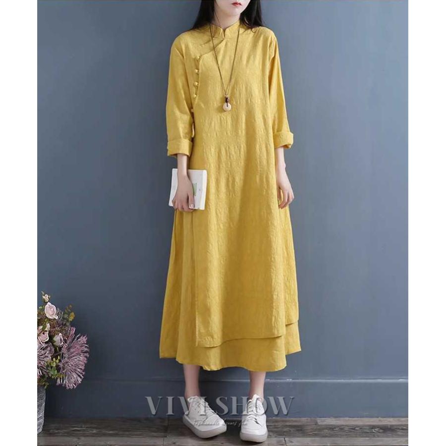 ワンピース 七分袖 Aライン スタンドカラー チャイナカラー ロング