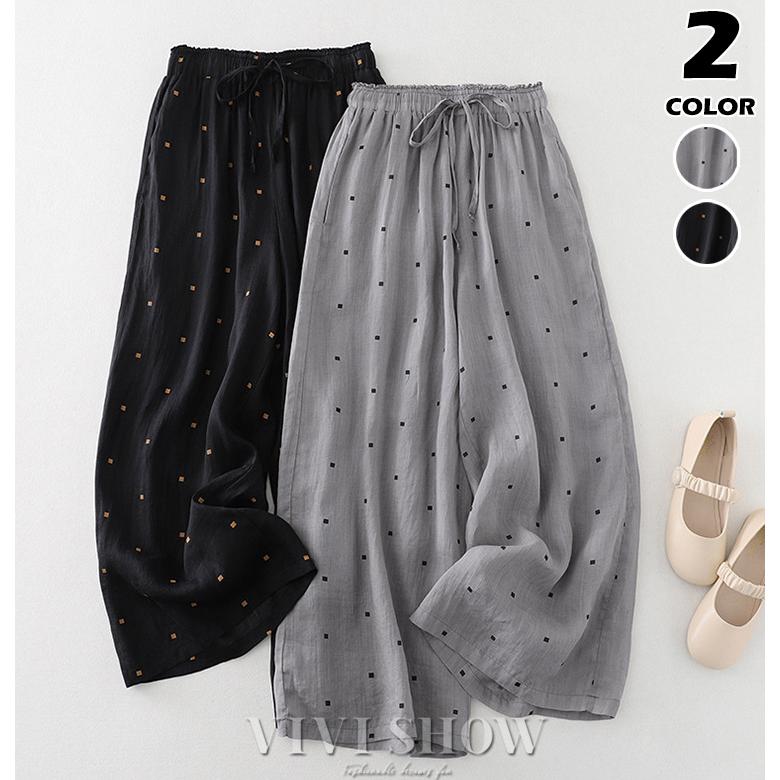 ichi イチ 　リネンワイドパンツ　ドット　綿麻 ichi(イチ） 171013 コットンリネンドットワイドパンツ パンツ