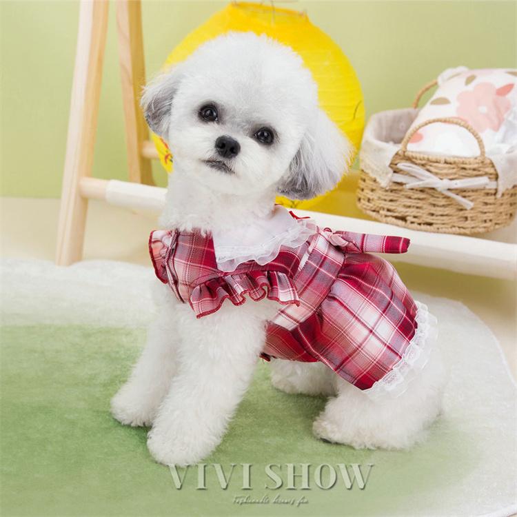 犬服 ワンピース フリフリ ドッグウェア 秋 服 チェック レース 可愛い