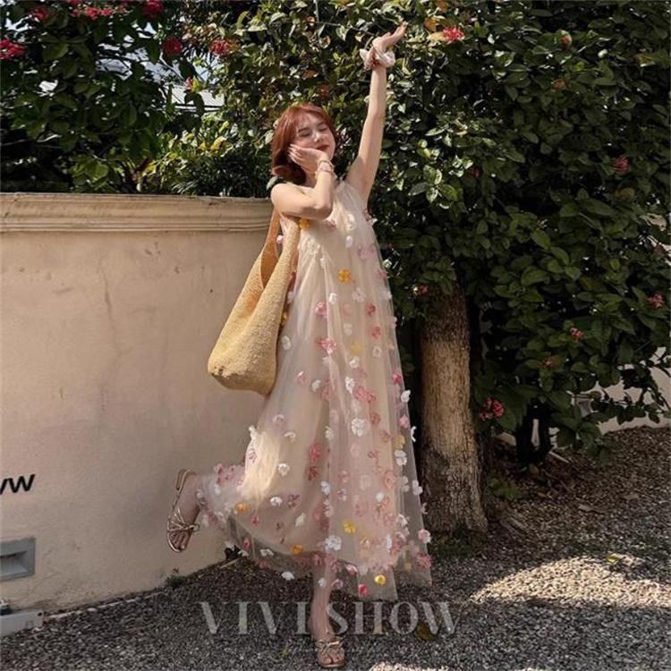 レディース ロングワンピース 立体フラワー シアーワンピース