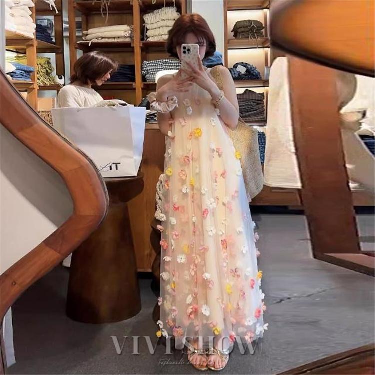 レディース ロングワンピース 立体フラワー シアーワンピース