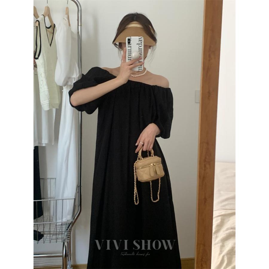 パフスリーブ ロング ワンピース レディース 半袖 ミモレ Aライン