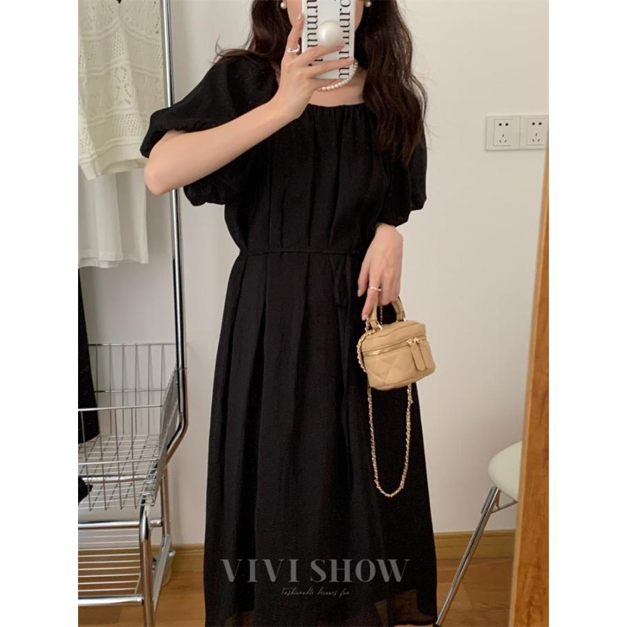パフスリーブ ロング ワンピース レディース 半袖 ミモレ Aライン