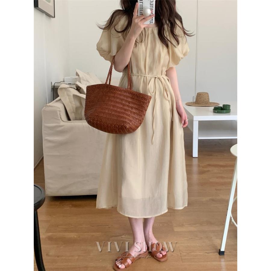 パフスリーブ ロング ワンピース レディース 半袖 ミモレ Aライン